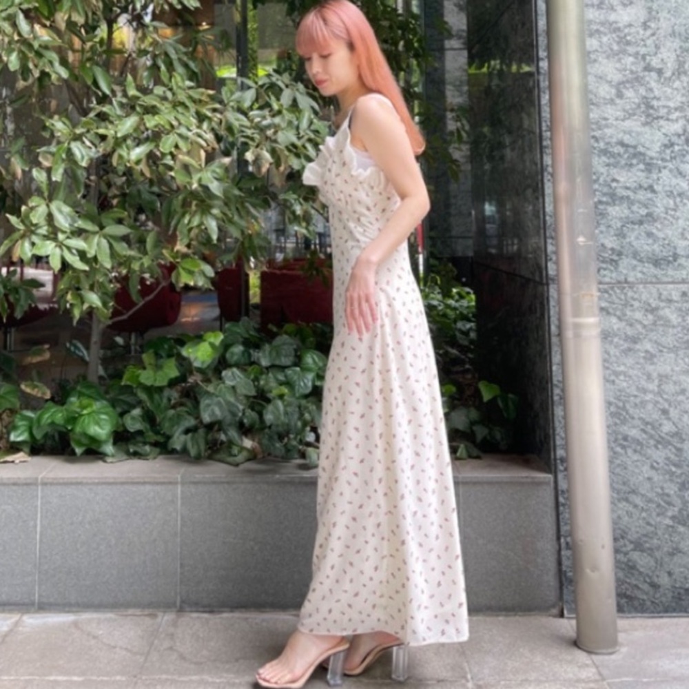 Sister Jane Reel Rose Cami Midi Dress Ruffle Neckline Cream Red Floral Print - Picture 12 of 12